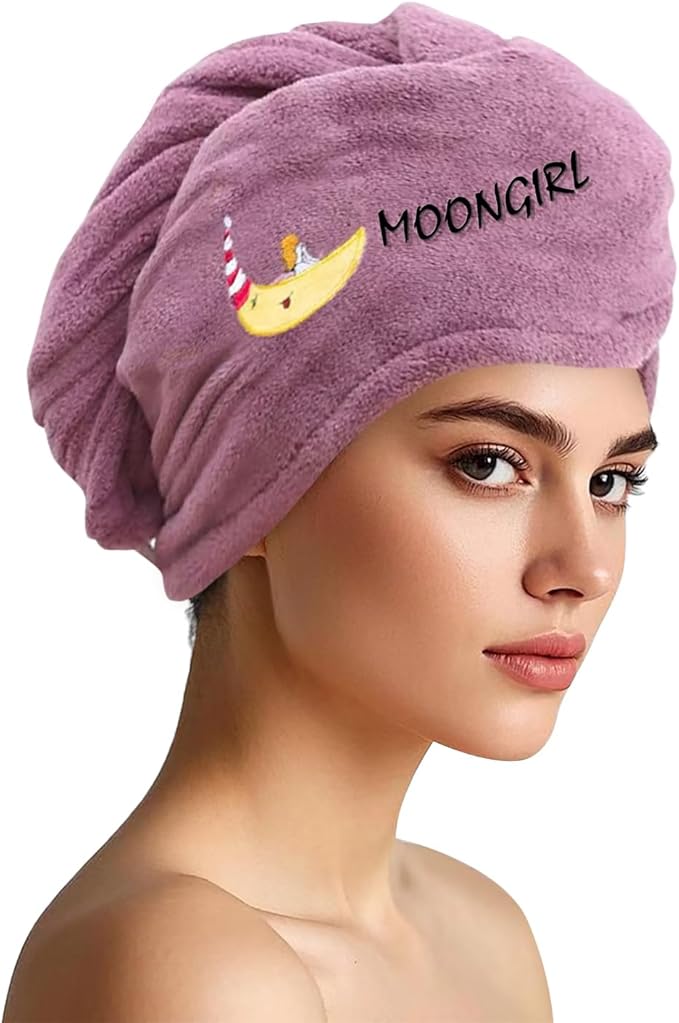 Microfiber Hair Drying Towel Wrap for Women, Hair Turbans Towel for Wet Hair,turbie Twist Hair Towels(The Color of the Picture is for Reference only) (Purple with Moon)