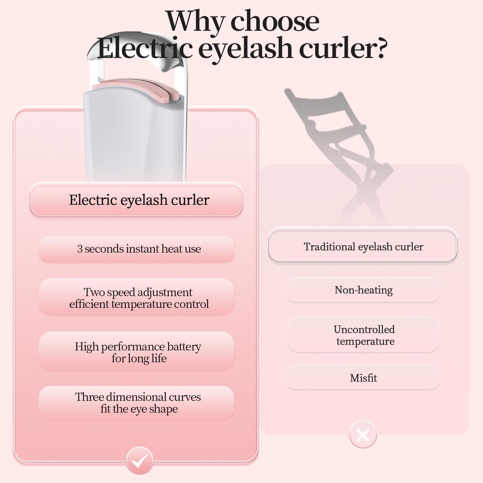 Hsenowi Heated Eyelash Curler for Natural Lashes 2 Level Adjustable Temperature Mini Electric Lash Curler Fast 3 Second Heat Up 24 Hours Long Lasting Curl (Pink Purple)