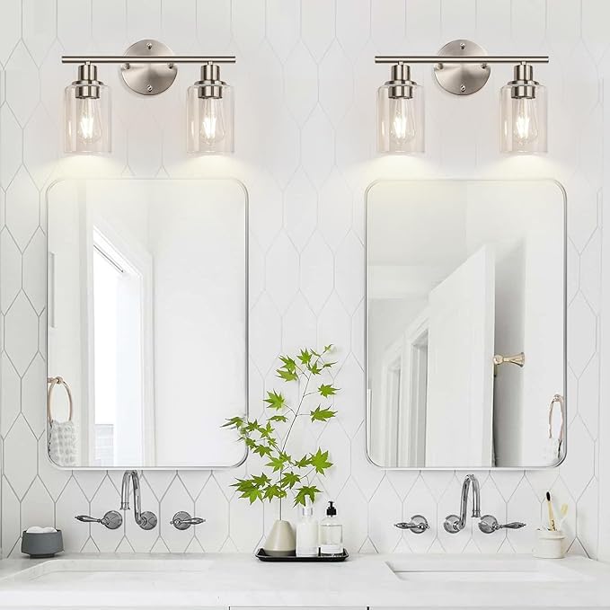 Zarbitta 2-Light Bathroom Light Fixtures, Brushed Nickel Vanity Light, Modern Vanity Lights with Clear Glass Shade, Bathroom Wall Lamp for Mirror Kitchen Living Room Hallway Cabinet Porch