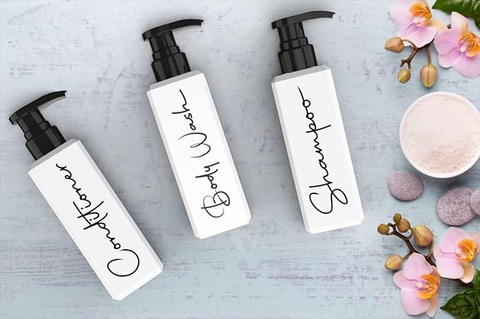 Spa-Inspired Refillable Shampoo and Conditioner Bottles - Dispenser Set of 3 with Pump - Bottles for Shower Wall – Printed Shampoo, Conditioner & Body Wash