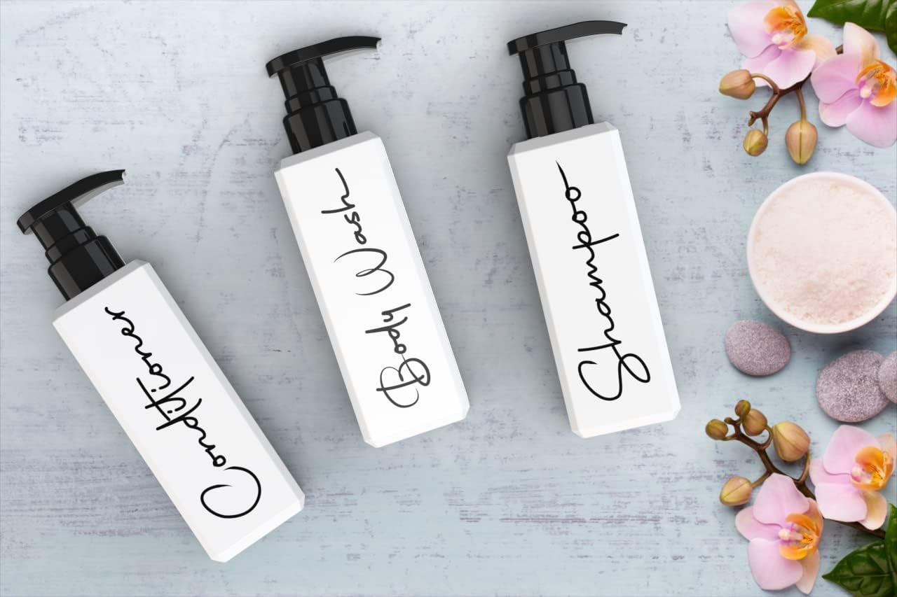 Spa-Inspired Refillable Shampoo and Conditioner Bottles - Dispenser Set of 3 with Pump - Bottles for Shower Wall – Printed Shampoo, Conditioner & Body Wash