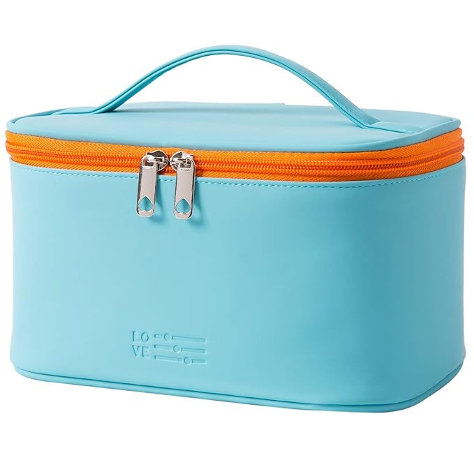 Meiyuuo Travel Makeup Bag for Women, PU Leather Cosmetic Bag, Cyan Blue