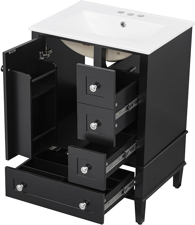 Bellemave 24" Bathroom Vanity with Sink Combo Set, Solid Wood Frame Bathroom Storage Cabinet with 3 Drawers, Soft Closing Cabinet Door with Organizer, Black