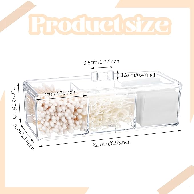 Sohalejr Qtip Holder Transparent 3 Compartments Cotton Ball and Swab Holder Organizer with Lid,Jar for Cotton Rounds,Bathroom Containers,Clear Acrylic Desk Organizer for Makeup Pads,Cosmetics Bedroom
