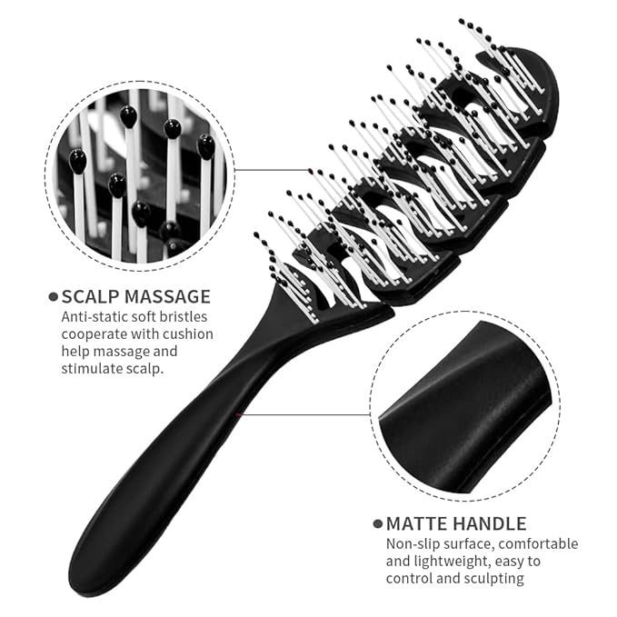 Detangler Hairbrush, Soft Bristle Detangling Brush for Straight, Wavy, Curly and Fine Hair, Dry and Wet, Quick Smoothing for Women and Men（Black）