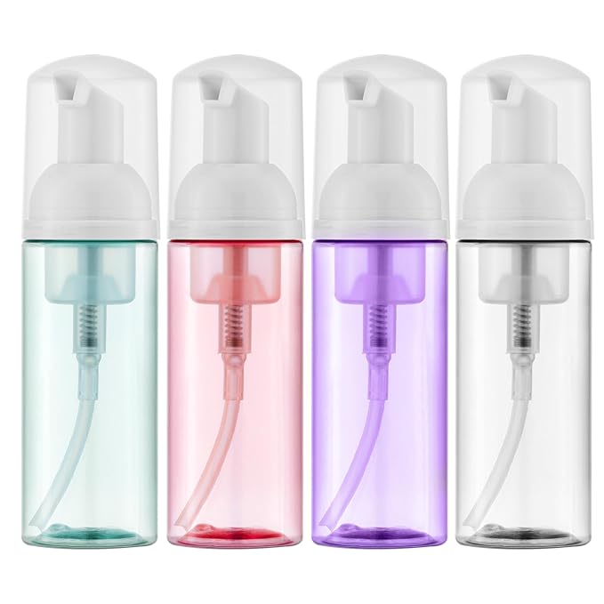 Owlyee Travel Foam Pump Bottle - 2oz Small Size Foaming Hand Soap Dispenser - Mini Portable Mousse Lash Shampoo Kit Container for Hair - Empty Leak Proof Plastic Color Foamer for Liquid Toiletry 4Pack