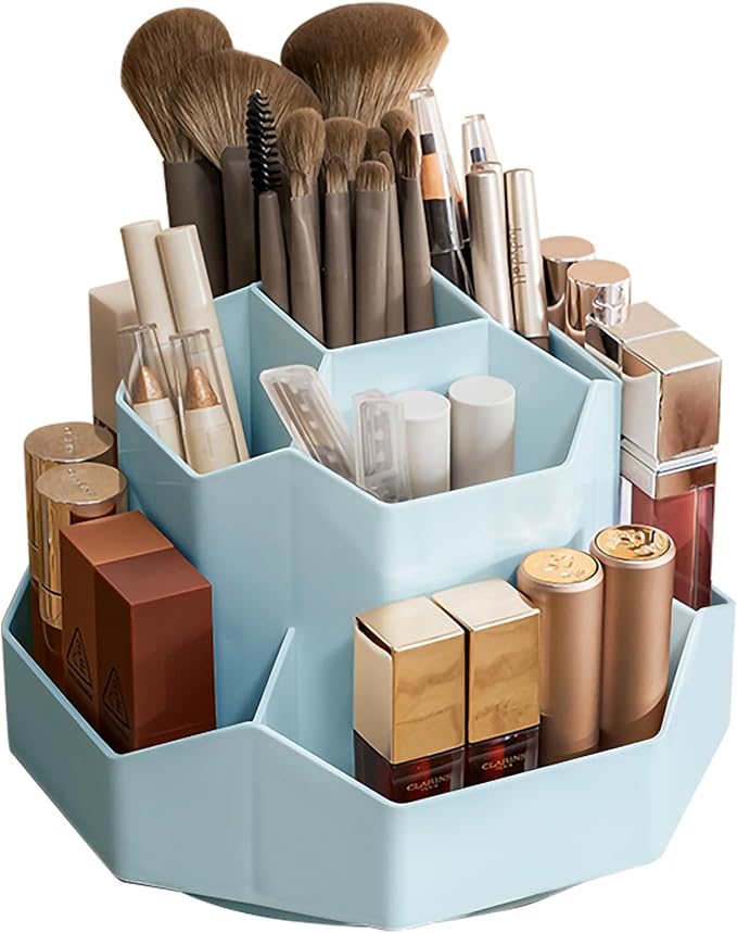 TNDCKP 360° Rotating Makeup Brush Holder Organizer with 9 Slots, Makeup Organizers Countertop, Makeup organization and Skincare Storage for Vanity, Desktop, Bathroom (BLUE)