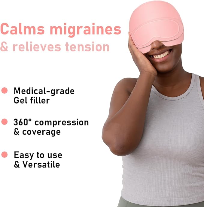 Migraine Relief Cap with Adjustable Eye Mask & Cooling Gel - 360° Compression Headache Hat for Hot & Cold Therapy, Natural Tension and Stress Relief