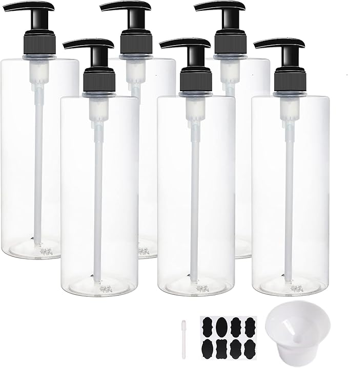 BPFY 6 Pack 16 oz Plastic Pump Dispenser Bottles for Massage Oil, Shampoo, Lotions, Body Wash Pump Bottles, Hand Sanitizer Refillable Containers with Pump, 1 Funnel, 8 Chalk Labels