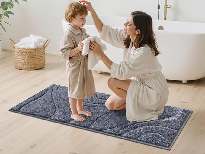 HEBE Bathroom Rug Sets 3 Piece, Non Slip Shower Mats with U-Shaped Contour Toilet Mat, Absorbent Microfiber Bath Mats for Bath Rugs, Washable Shaggy Floor Carpet, Dark Grey
