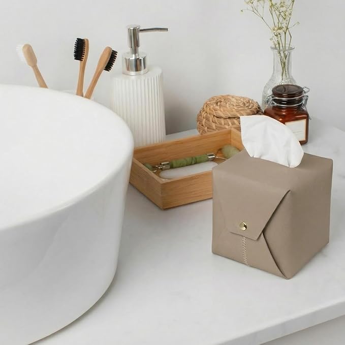 Frayot Tissue Box Cover Square, Faux Leather Tissue Holder Organizer with Side Snap for Bathroom, Vanity, Tabletop, Office (1Pack-Light Taupe)