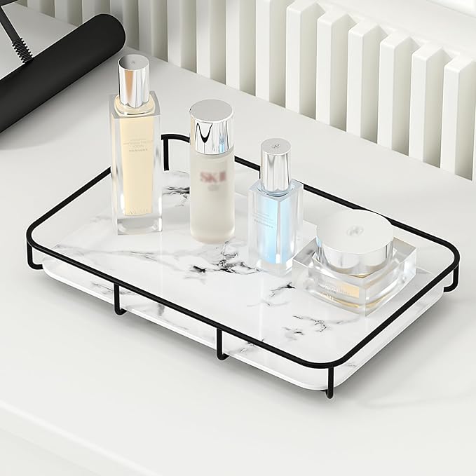 Dobbyby Vanity Tray Makeup Organizer Cosmetics Storage Bathroom Skincare Organizer Countertop Display Rack in Dresser Stainless Steel Shelf Marble Print Ceramic Trays