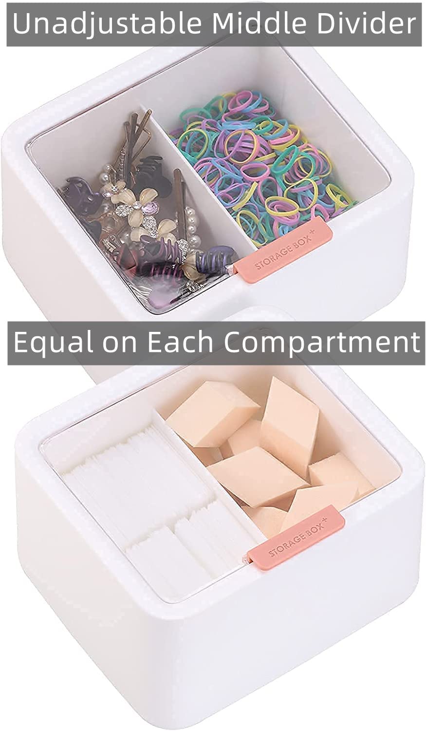 Tecbeauty 2pcs Qtips Holder - Middle Divider Cotton Pads Storage Dispenser Bathroom Organizer with Clear Hinged Lids for Cotton Balls Swabs Rounds-White & Pink