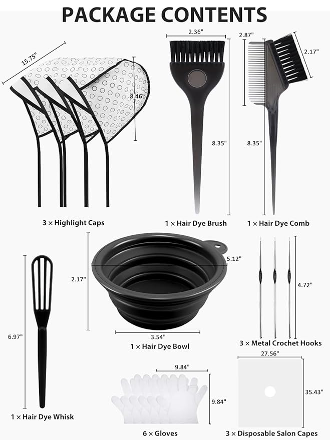 YOOVR 19PCS Hair Bleach Highlighting Kit with Hair Dye Brush and Bowl Set Color Whisk, Highlight Frosting Cap with Hook, Gloves Capes, Home Use Salon Tools for Hair Bleaching Coloring Dying (Black)