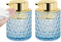 Fvstar 10 Oz Glass Hand Soap Dispenser with Pump, Refillable Bathroom Gold Foaming Soap Dispenser, Vintage Glass Diamond Lotion Container Bottle for Bathroom and Kitchen (2, Blue and Gold)