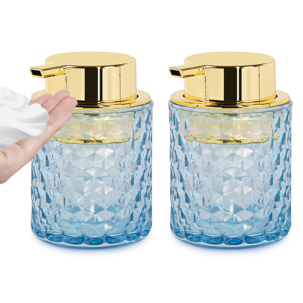 Fvstar 10 Oz Glass Hand Soap Dispenser with Pump, Refillable Bathroom Gold Foaming Soap Dispenser, Vintage Glass Diamond Lotion Container Bottle for Bathroom and Kitchen (2, Blue and Gold)