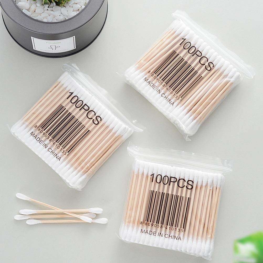 RIKWOG Cotton Swabs, 900 Count Bamboo Sticks Cotton Swabs with a Clear Dispenser Holder Cotton Buds with Wooden Handles For Ears Makeup or Nails Personal Care