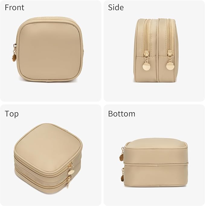 XIAOLER Small Makeup Pouch, Double Zipper Cosmetic Bag, Travel Makeup Bag, Cute Makeup Bag for Purse, Mini Toiletry Bag (Beige)