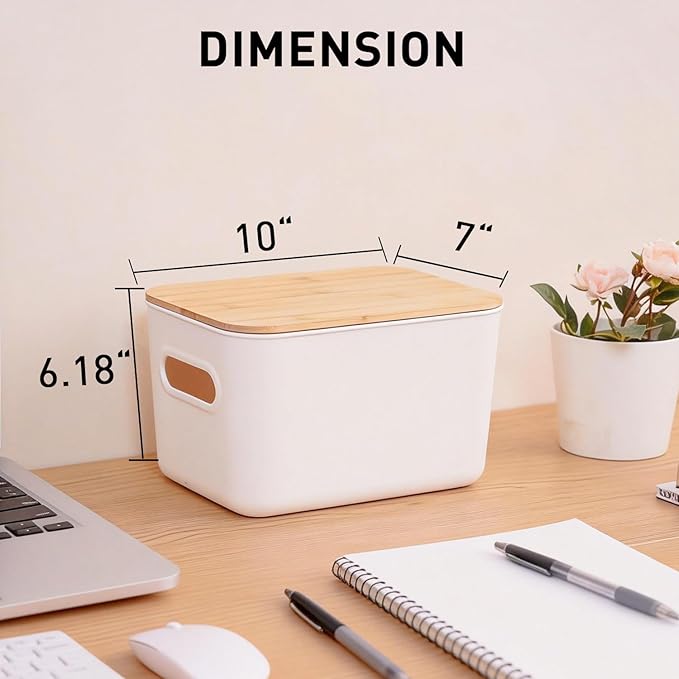Citylife Storage Bins with Bamboo Lids 6QT Plastic Storage Containers Stackable Organizer Boxes with Handle for Desk Snacks, Toys, 4 PCS, 10" L x 7" W x 6.18" H