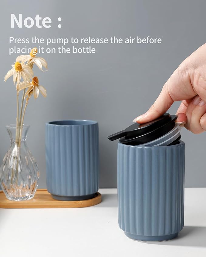 Foaming Soap Dispenser, Ceramic Foam Hand Soap Dispenser with Stripe Design for Kitchen or Bathroom, Refillable Dish Lotion Dispenser, Gray Blue, ANTIS'S HOME