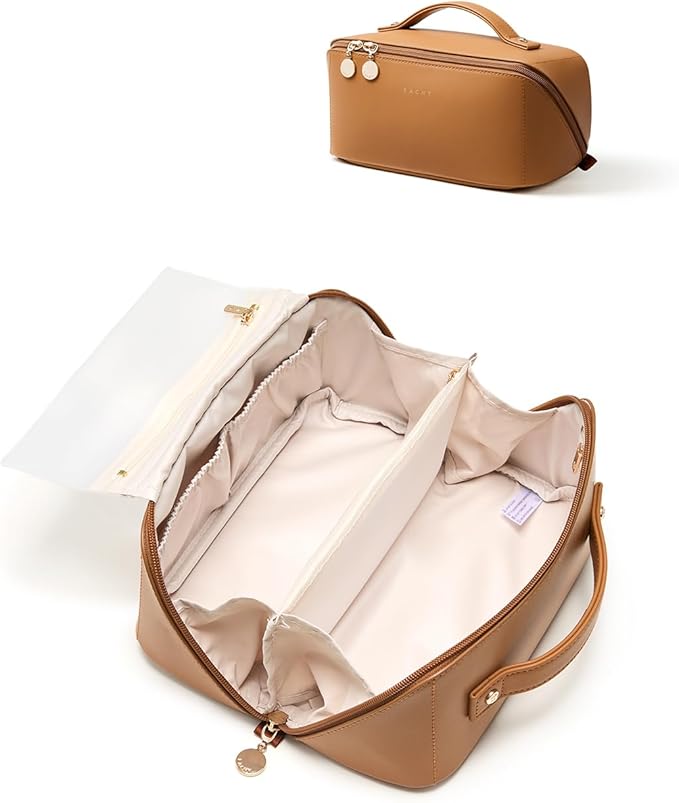 EACHY Travel Makeup Bag, 2.0 Cosmetic Bag for Women, Waterproof PU Leather,Flat Open Portable Toiletry Bag for Skincare, Brushes & Travel Essentials