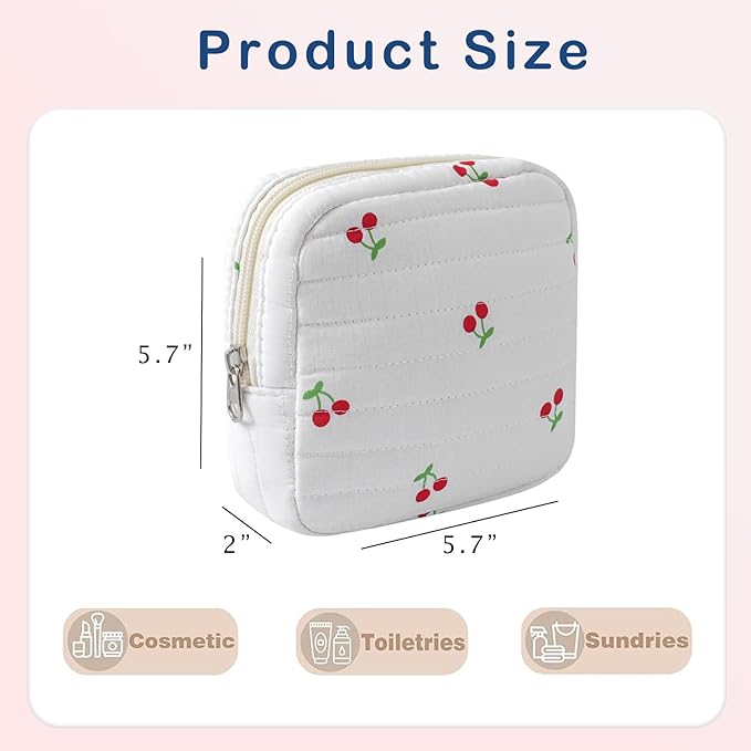 RSRSLEII Small Quilted Cosmetic Pouch for Purse, Mini Cotton Makeup Bag with Compartments, Cute Zipper Lipstick Holder for Women (12Cherry)