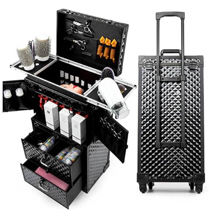 CNCEST Beauty Salon Luggage, Rolling Lockable Hair Stylist Travel Case Hairdressing Trolley Stylist Beauty Salon Cosmetic Luggage Travel Organizer Tool Box with Hair Dryer Holder