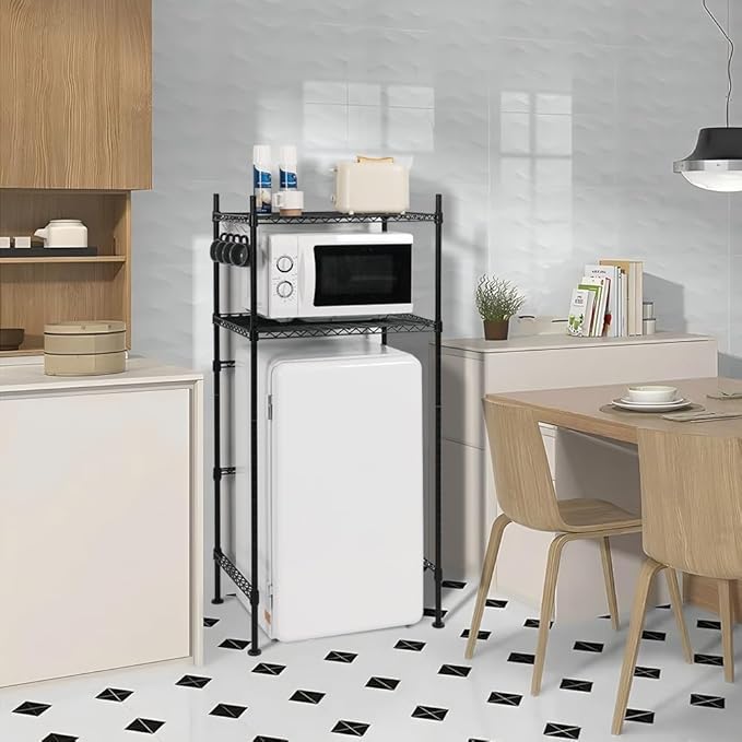LUCKUP Mini Fridge Shelf 2-Tier Height Adjustable Mini Fridge Stand with Storage for Dorm Space Saving, Metal Microwave Organizer Shelf for Kitchen Room Apartment, Black