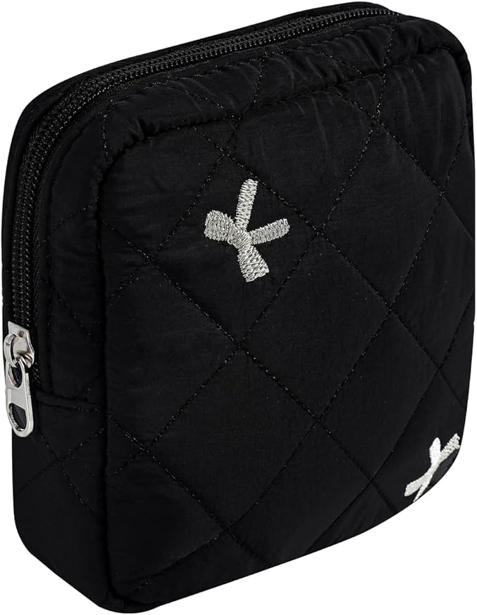 RSRSLEII Small Quilted Cosmetic Pouch for Purse, Mini Cotton Makeup Bag with Compartments, Cute Zipper Lipstick Holder for Women (08Black Bow)