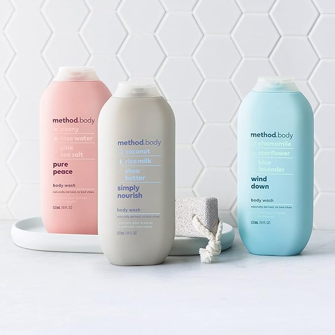 method Body Wash, Wind Down - Leaves Skin Feeling Soft & Moisturized, Made Without Parabens, Notes of Chamomile, Starflower & Blue Lavender, 18 fl oz - 6 pack