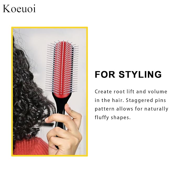 Koeuoi Classic Styling Hair Brush for Wet or Dry Curly Hair. 9 Row Black Brush for Detangling, Separating, Shaping
