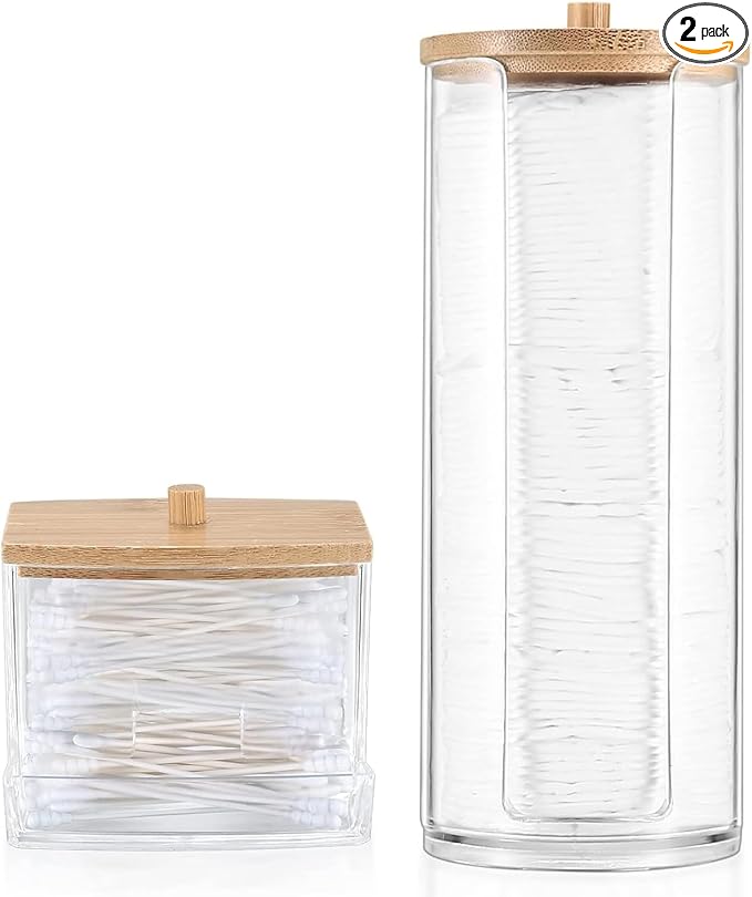 AIMIXUN 2 PCS Cotton Swab Dispenser, Pad Holder with Bamboo Lids, Qtip Bathroom Qtip Storage Container Bathroom Canisters with Lids, Cotton Round Dispenser for Floss Hair Ties Jewelry