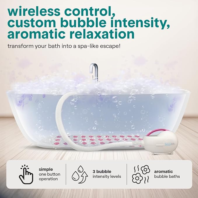 SereneLife Bubble Bath Mat - Portable Spa Bubble Bath Massager with Waterproof Bath Light & Pillow, Adjustable Bubble Intensity, Easy Button Control, Remote Control (Pink)