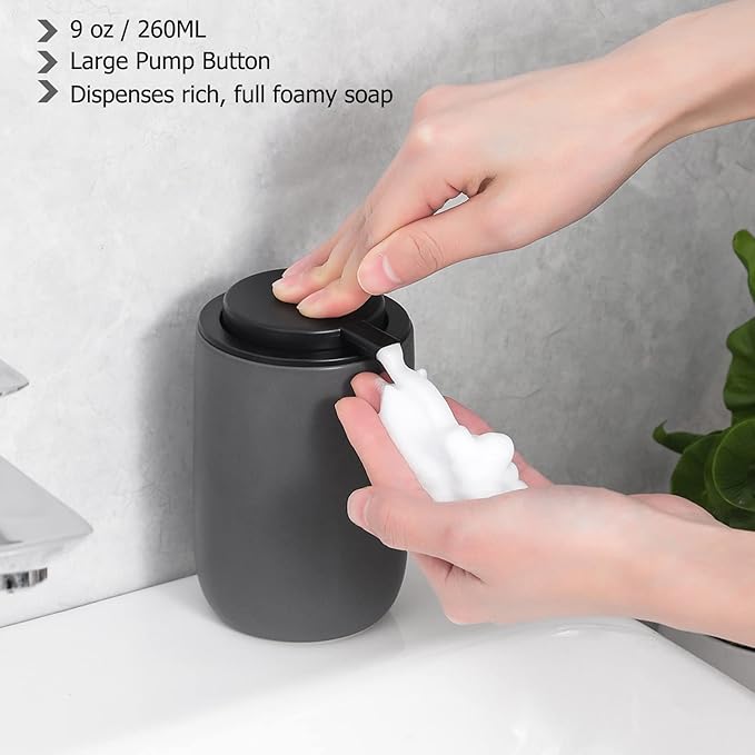 Foaming Soap Dispenser Thick Ceramic Foam Hand Soap Dispenser for Bathroom or Kitchen Sink, Liquid Pump Bottles for Hand soap, Body Wash, 2 Pack Grey