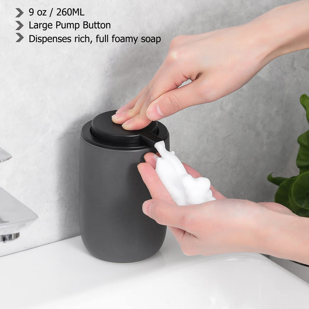 2 Pack Ceramic Foaming Soap Dispenser, Thick Black Pump Bottles, Gray