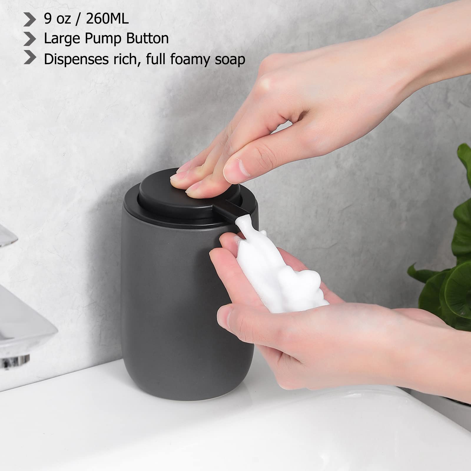 2 Pack Ceramic Foaming Soap Dispenser, Thick Black Pump Bottles, Gray