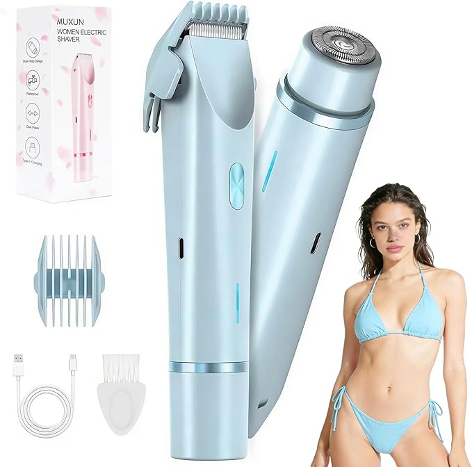 Bikini Trimmer for Women-2 in 1 Dual Head Electric Razors,USB Rechargeable Bikini Electric Shaver,IPX7 Waterproof Dry & Wet Use Body Hair Trimmer and Facial Hair Remover for Underarm Leg Body,Blue