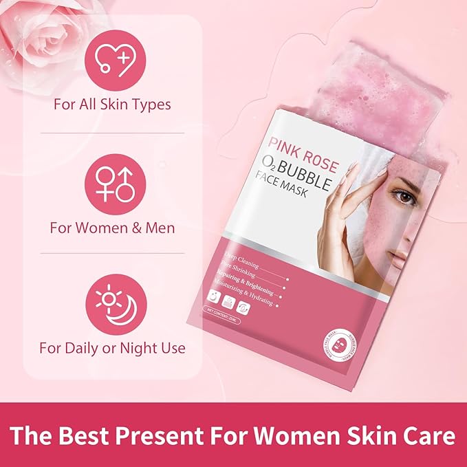 Pack of 10 Pink Rose O2 Bubble Face Masks Skincare, Spa Presents for Women, Bubble Face Sheet Mask Cleaner Foaming Purifying Facial Mask for Acne and Pores Moisturizing Beauty Sheet Masks