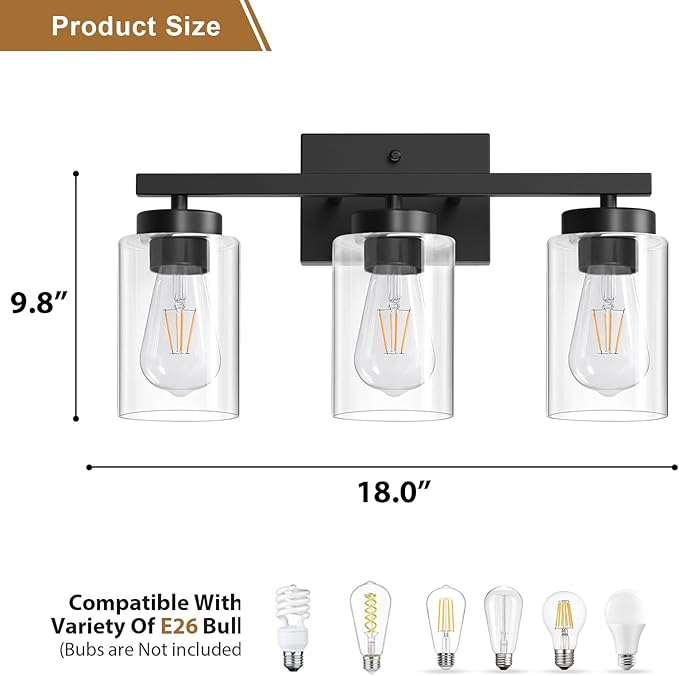 IZORRO Modern Bathroom Light Fixtures, 3 Light Black Vanity Lights, Bathroom Lighting Fixtures Over Mirror with Clear Glass for Living Room Cabinet Bedroom