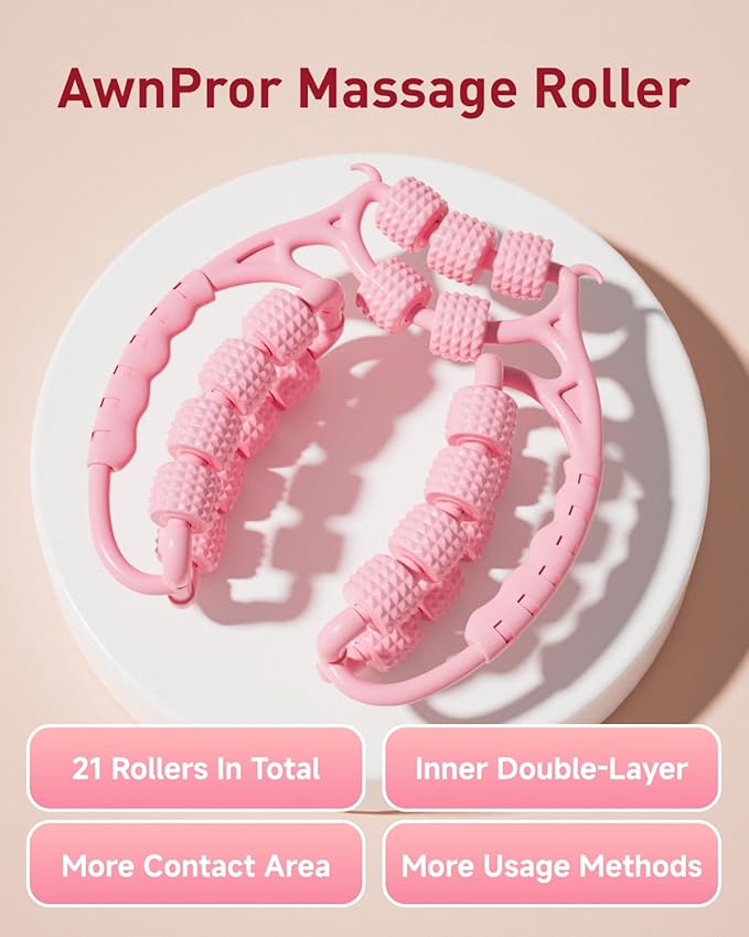 AwnPror Massage Roller for Legs,21 Wheel Circular Leg Clamp+3 Wheel Massage Roller Stick Lymphatic Massage for Relieve Soreness Stiffness Tight Muscles Deep Tissue-Pink