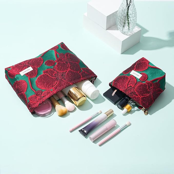 BOCGRPU 2 Pcs Makeup Bags for Purse, Large Cute Cosmetic Bag Travel Toiletry Bag Organizer for Women, Embroidery Craft Floral Makeup Bag Small Cosmetic Pouch Purse with Zipper (Elegant Red Flower)