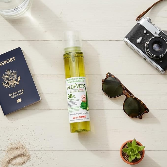 BioMiracle 98% Organic Aloe Vera Mist (3.9 oz) - Cooling Relief for Sunburn, Dry or Irritated Skin, Hydrating Spray with Vitamins C & E, 3-Pack