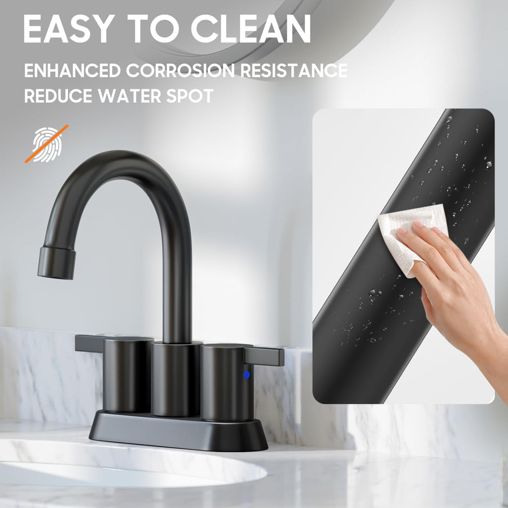 Phiestina 4 Inch 2 Handle Centerset Matte Black Lead-Free Modern Bathroom Faucet, 360 Swivel Spout 2-3 Hole RV Bathroom Vanity Sink Faucet with Pop Up Drain and Water Supply Lines,BF015-1-MB