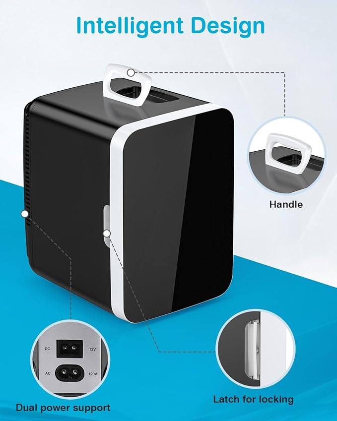 Electactic Compact Mini Fridge, Portable Small Refrigerator with AC/DC Adapters, 10 Liter / 2.6 Gal Small Cosmetics Cooler for Beverage, Food, Skincare, Bedroom, Office and Car, Black