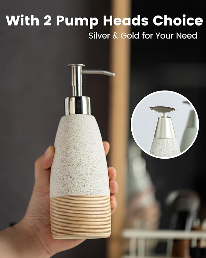 12oz Dish Soap Dispenser with 2 Pumps for Hand Soap, Shampoo, Lotion, Conditioner, Ceramic Refillable Soap Bottle with Silicone Funnel for Easter Bathroom, Kitchen, Speckled White