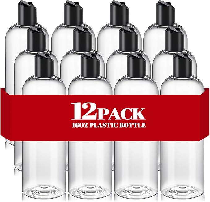 DPLASKA 16 oz Clear Plastic Empty Bottles with Black Disc Top Caps, 12 Pcs Squeezable Refillable Shampoo Bottles Travel Cosmetic Containers for Lotions, Body Soap Cream