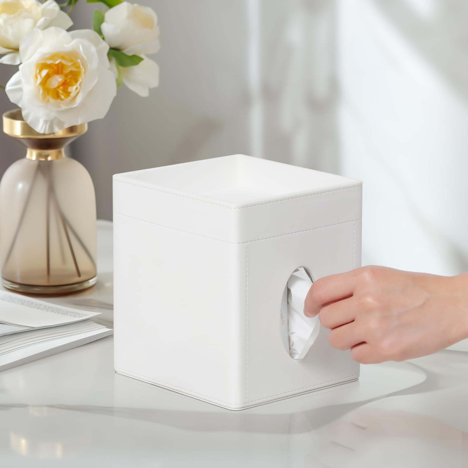 Cretkhp Tissue Box Cover, PU Leather Square Tissue Box Holder with Storage Tray for Bathroom Vanity Countertop Night Stands Bedroom Office Desk, Stylish Tissue Holder Decorative Organizer