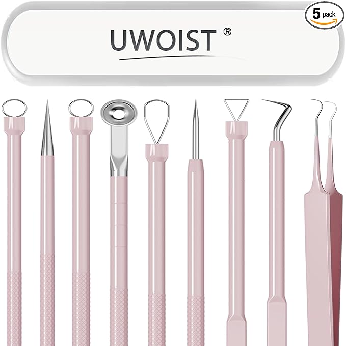 Pimple Popper Tool Kit Blackhead Remover Tools (5 Piece Kit), Professional Stainless Black Head Remover for face, Risk Free Treatment Pimple Extractor with Tweezers