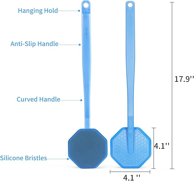 iTokGoK® Silver-Infused Silicone Back Scrubber with Long Handle Back Brush for Shower,Back Brush Long Handle for Men and Women,Ergonomic No-Slip Handle, Long-Lasting (Sky Blue)