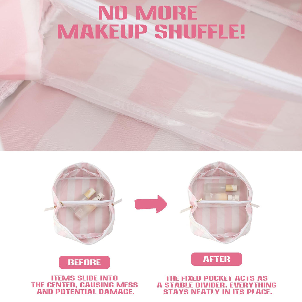 DYSHAYEN Stripe Travel Makeup Bag with Compartments Clear Coated Cosmetic Bag for Women, Waterproof Portable Open Flat Toiletry bag （White-Pink）